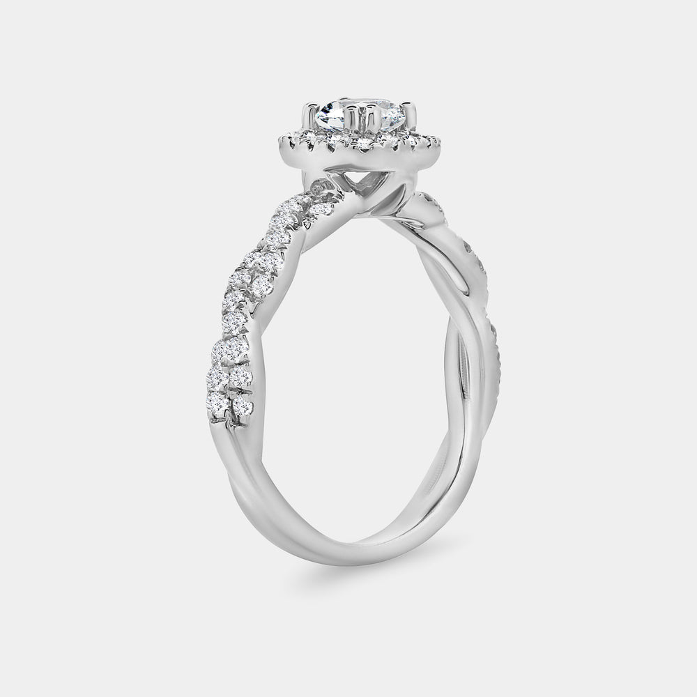 Gilded 1 Carat Lab-Grown Diamond Engagement Ring with a Round-Shaped Center, a Cushion Halo and a Braided Shank