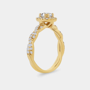 Gilded 1 Carat Lab-Grown Diamond Engagement Ring with a Round-Shaped Center, a Cushion Halo and a Braided Shank