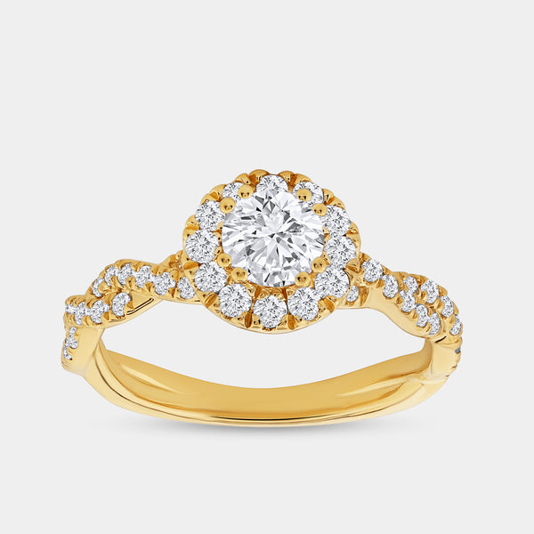 Gilded 1 Carat Lab-Grown Diamond Round-Shaped Halo Engagement Ring with a Braided Shank