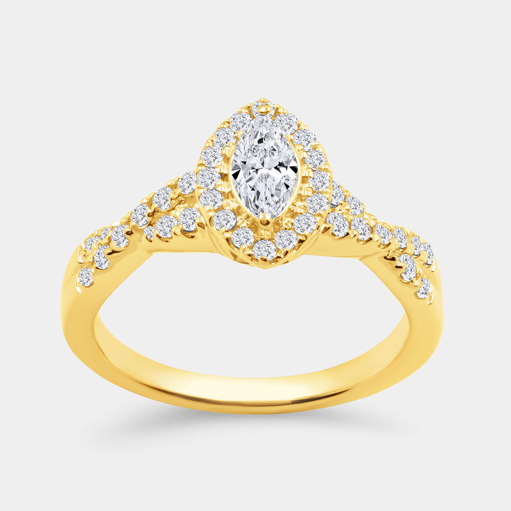 Gilded 3/4 Carat Lab-Grown Diamond Marquise-Shaped Halo Engagement Ring with a Braided Shank