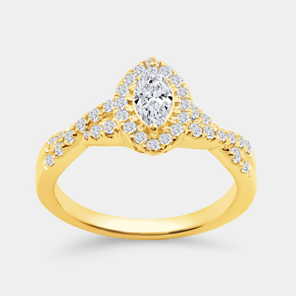 Gilded 3/4 Carat Lab-Grown Diamond Marquise-Shaped Halo Engagement Ring with a Braided Shank