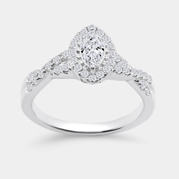 Gilded 3/4 Carat Lab-Grown Diamond Marquise-Shaped Halo Engagement Ring with a Braided Shank