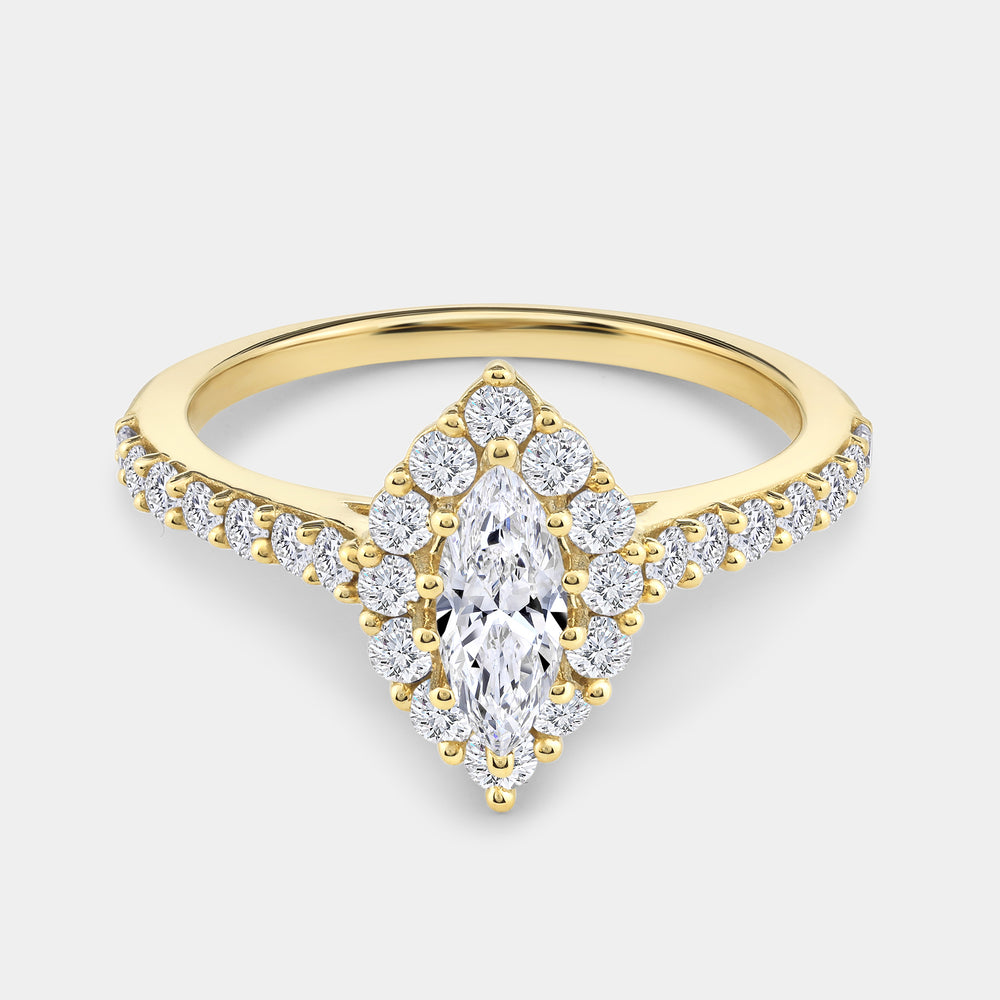 Gilded 1 Carat Lab-Grown Diamond Marquise-Shaped Halo Engagement Ring with a Classic Shank