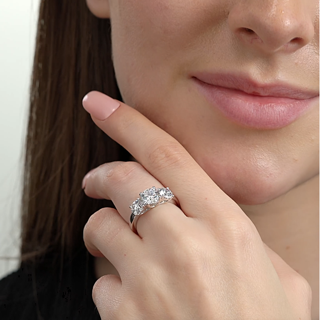 Gilded 3 Carat Lab-Grown Diamond Round-Shaped Three-Stone Ring