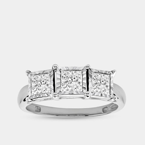 Gilded 1 Carat Lab-Grown Diamond Princess-Cut Three-Stone Ring Set in an Illusion Plate