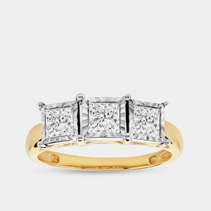 Gilded 1 Carat Lab-Grown Diamond Princess-Cut Three-Stone Ring Set in an Illusion Plate