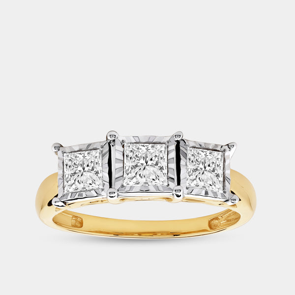 Gilded 1 Carat Lab-Grown Diamond Princess-Cut Three-Stone Ring Set in an Illusion Plate