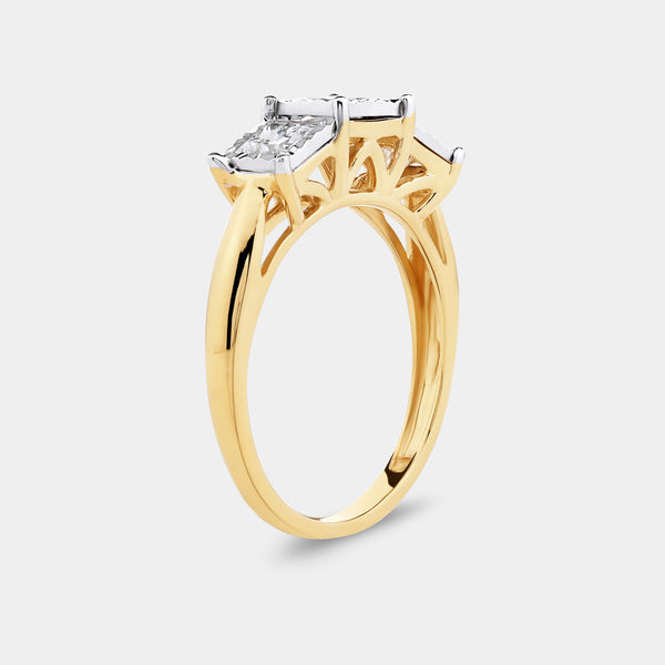 Gilded 1 Carat Lab-Grown Diamond Princess-Cut Three-Stone Ring Set in an Illusion Plate