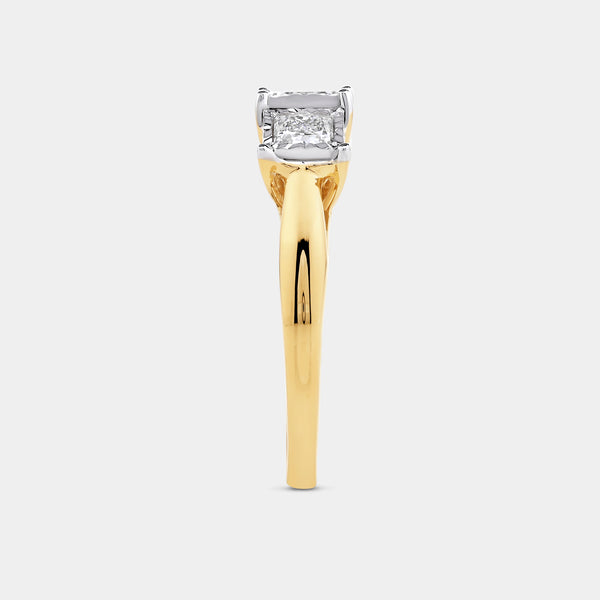 Gilded 1 Carat Lab-Grown Diamond Princess-Cut Three-Stone Ring Set in an Illusion Plate