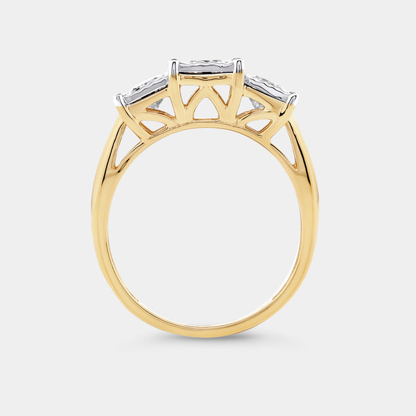 Gilded 1 Carat Lab-Grown Diamond Princess-Cut Three-Stone Ring Set in an Illusion Plate