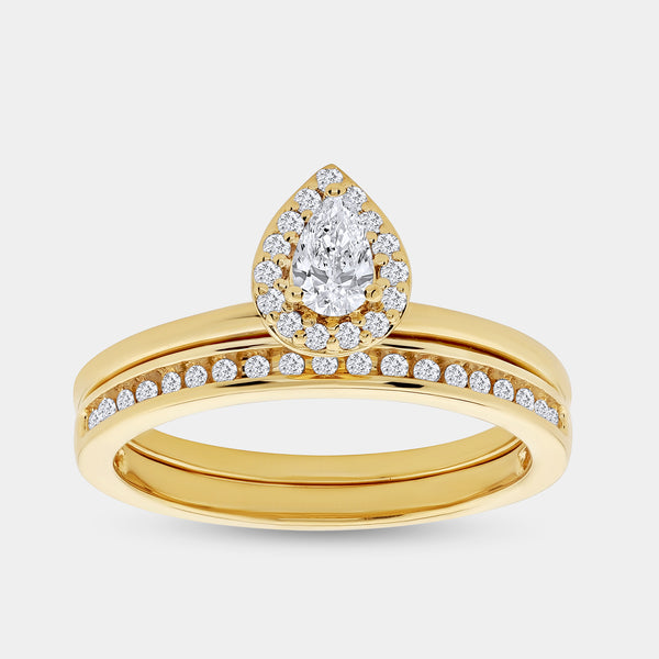 3/8 Carat Lab-Grown Diamond Pear-Shaped Halo Bridal Ring Set — GILDED New York