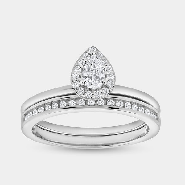 3/8 Carat Lab-Grown Diamond Pear-Shaped Halo Bridal Ring Set — GILDED New York