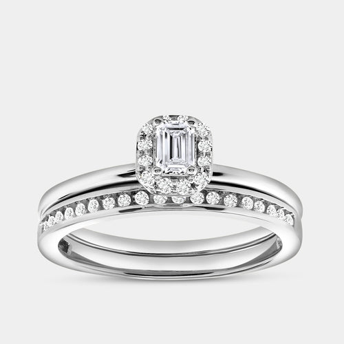 Gilded 3/8 Carat Lab-Grown Diamond Emerald-Cut Halo Engagement Ring Set