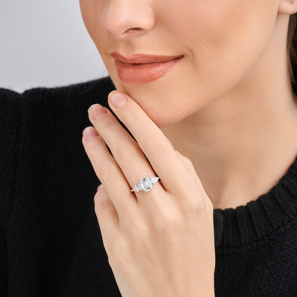 3 Carat Lab-Grown Diamond Emerald-Cut Solitaire Engagement Ring with Pear-Shaped Accents — GILDED New York