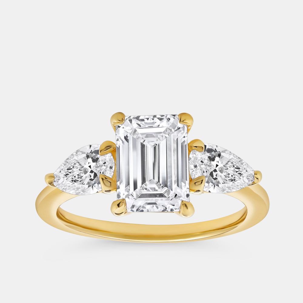 Gilded 3 Carat Lab-Grown Diamond Emerald-Cut Solitaire Engagement Ring with Pear-Shaped Accents