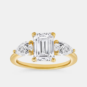 Gilded 3 Carat Lab-Grown Diamond Emerald-Cut Solitaire Engagement Ring with Pear-Shaped Accents