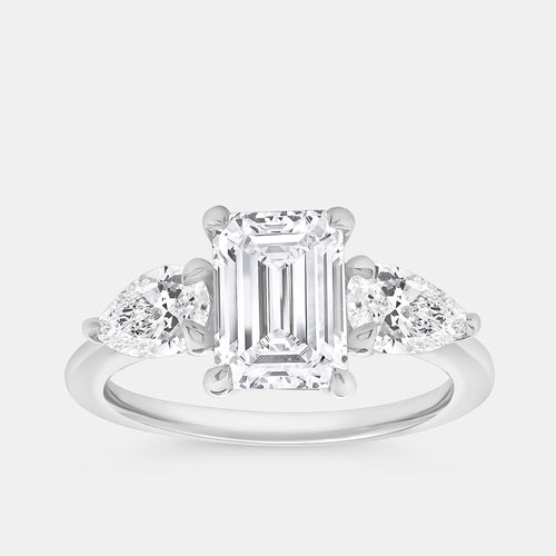 Gilded 3 Carat Lab-Grown Diamond Emerald-Cut Solitaire Engagement Ring with Pear-Shaped Accents