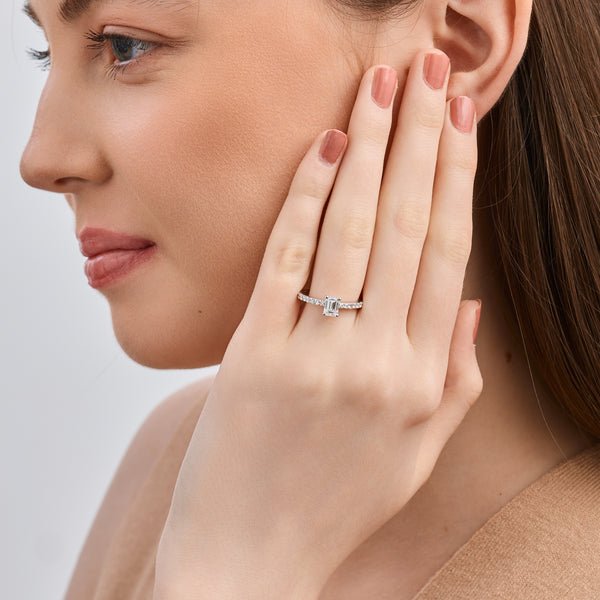 Gilded 1 Carat Lab-Grown Diamond Emerald-Cut Solitaire Plus Engagement Ring with a Classic Shank