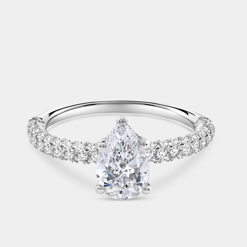 Gilded 1 and 1/2 Carat Lab-Grown Diamond Pear-Shaped Solitaire Plus Ring with a Pavé Shank