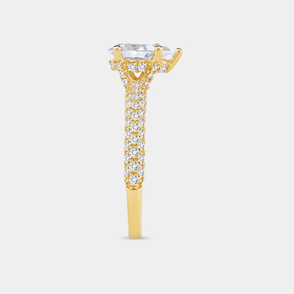 Gilded 1 and 1/2 Carat Lab-Grown Diamond Pear-Shaped Solitaire Plus Ring with a Pavé Shank