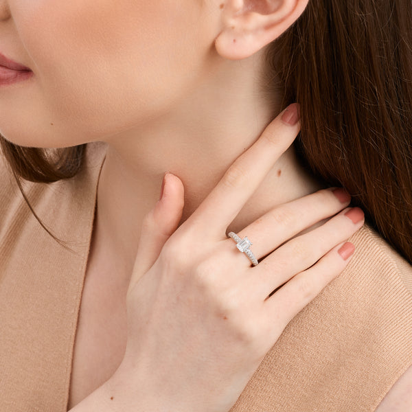 Gilded 1 and 1/2 Carat Lab-Grown Diamond Emerald-Cut Solitaire Plus Ring with a Pavé Shank