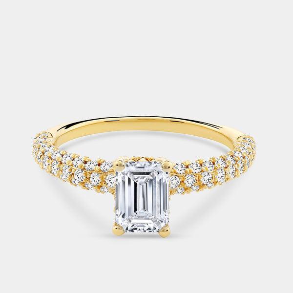 Gilded 1 and 1/2 Carat Lab-Grown Diamond Emerald-Cut Solitaire Plus Ring with a Pavé Shank