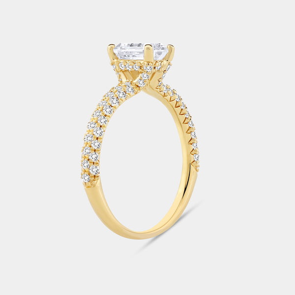 Gilded 1 and 1/2 Carat Lab-Grown Diamond Emerald-Cut Solitaire Plus Ring with a Pavé Shank