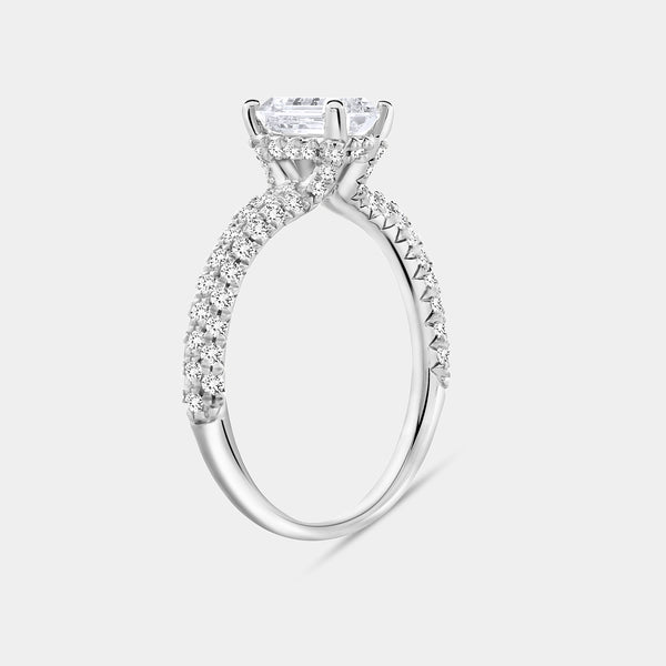 Gilded 1 and 1/2 Carat Lab-Grown Diamond Emerald-Cut Solitaire Plus Ring with a Pavé Shank