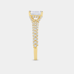 Gilded 1 and 1/2 Carat Lab-Grown Diamond Emerald-Cut Solitaire Plus Ring with a Pavé Shank
