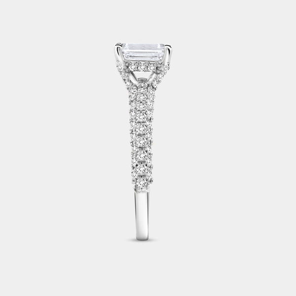 Gilded 1 and 1/2 Carat Lab-Grown Diamond Emerald-Cut Solitaire Plus Ring with a Pavé Shank