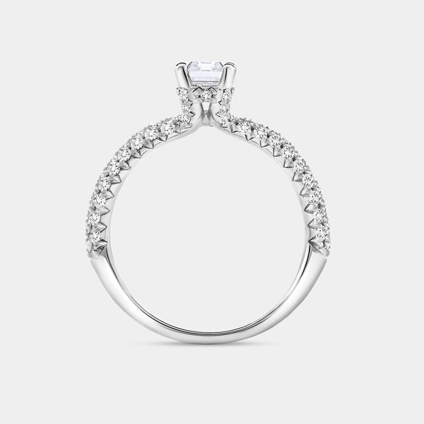 Gilded 1 and 1/2 Carat Lab-Grown Diamond Emerald-Cut Solitaire Plus Ring with a Pavé Shank