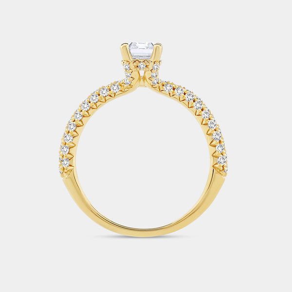 Gilded 1 and 1/2 Carat Lab-Grown Diamond Emerald-Cut Solitaire Plus Ring with a Pavé Shank
