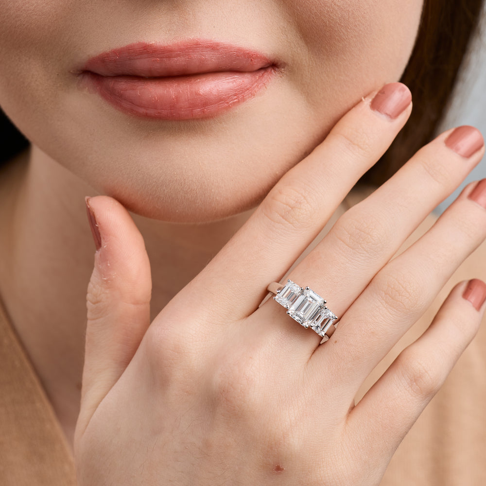 4 Carat Lab-Grown Diamond Emerald-Cut Three-Stone Ring — GILDED New York