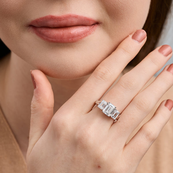 4 Carat Lab-Grown Diamond Emerald-Cut Three-Stone Ring — GILDED New York