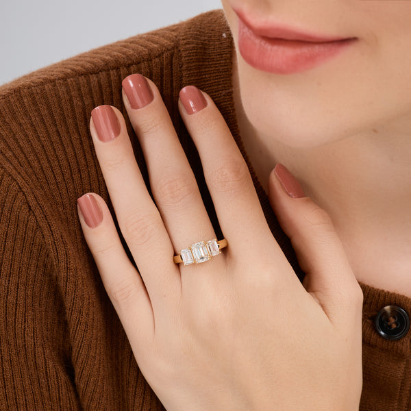 3 Carat Lab-Grown Diamond Emerald-Cut Three-Stone Ring — GILDED New York