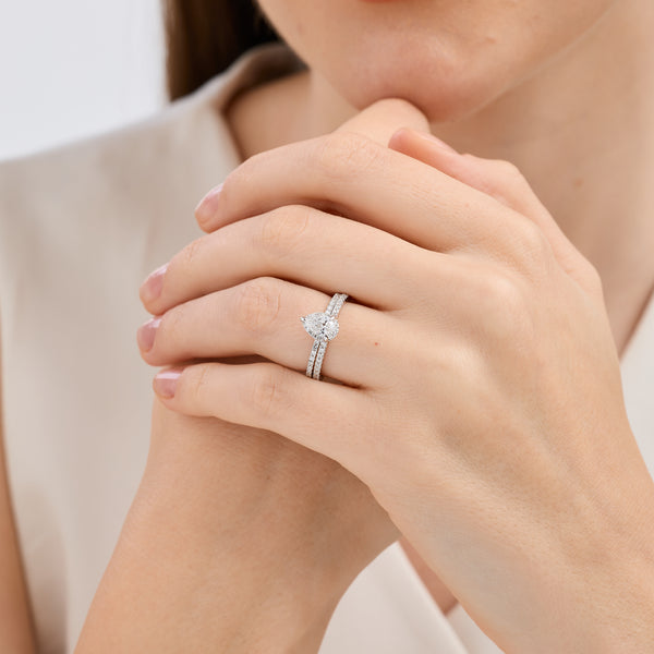 1 Carat Lab-Grown Pear-Shaped Hidden Halo Engagement Ring Set — GILDED New York