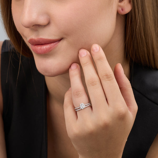 1 Carat Lab-Grown Emerald-Cut Hidden Halo Engagement Ring Set — GILDED New York