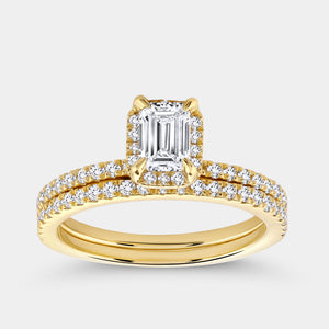 Gilded 1 Carat Lab-Grown Emerald-Cut Hidden Halo Engagement Ring Set