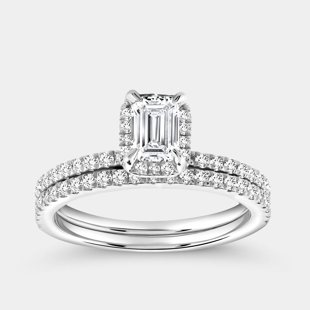 Gilded 1 Carat Lab-Grown Emerald-Cut Hidden Halo Engagement Ring Set