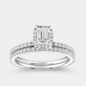 Gilded 1 Carat Lab-Grown Emerald-Cut Hidden Halo Engagement Ring Set