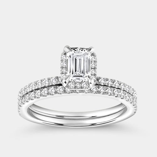 Gilded 1 Carat Lab-Grown Emerald-Cut Hidden Halo Engagement Ring Set