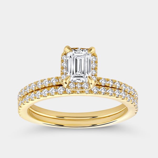 1 Carat Lab-Grown Emerald-Cut Hidden Halo Engagement Ring Set — GILDED New York
