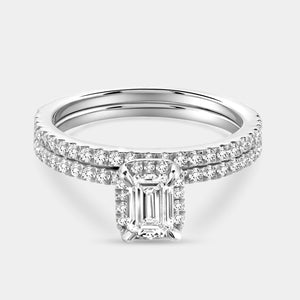 Gilded 1 Carat Lab-Grown Emerald-Cut Hidden Halo Engagement Ring Set