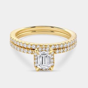 Gilded 1 Carat Lab-Grown Emerald-Cut Hidden Halo Engagement Ring Set