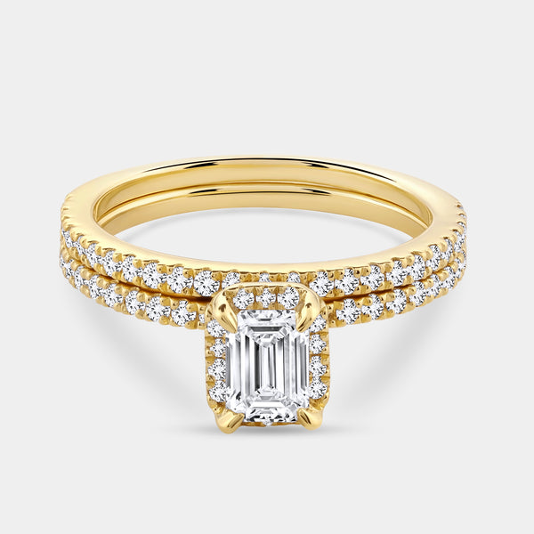 Gilded 1 Carat Lab-Grown Emerald-Cut Hidden Halo Engagement Ring Set