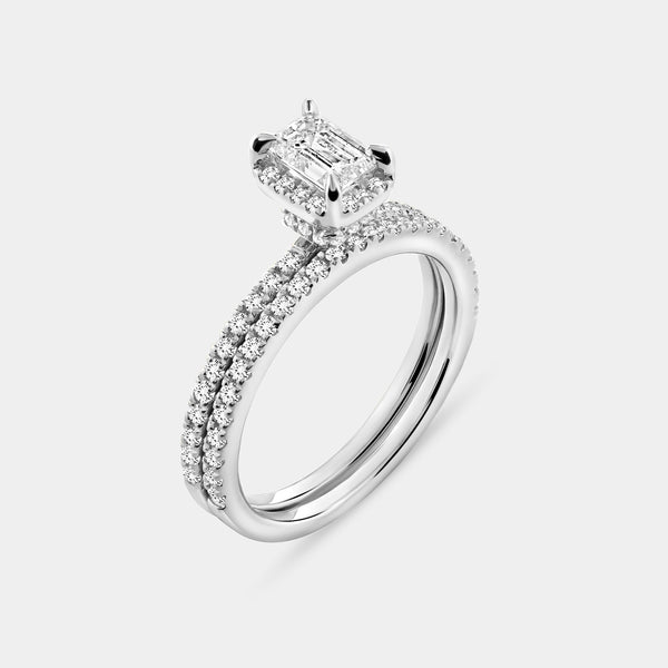 Gilded 1 Carat Lab-Grown Emerald-Cut Hidden Halo Engagement Ring Set