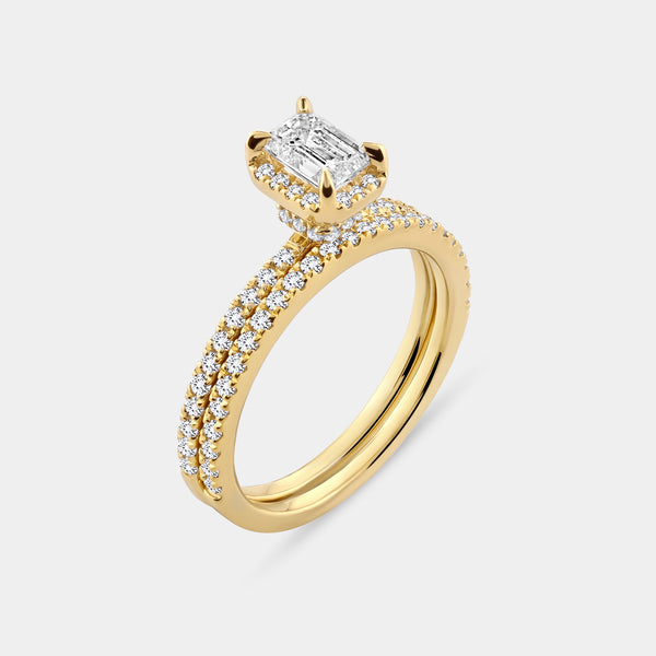 1 Carat Lab-Grown Emerald-Cut Hidden Halo Engagement Ring Set — GILDED New York