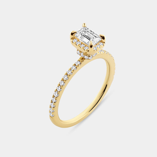 Gilded 1 Carat Lab-Grown Emerald-Cut Hidden Halo Engagement Ring Set