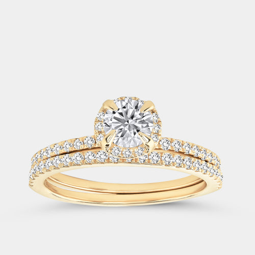 Gilded 1 Carat Lab-Grown Round-Shaped Hidden Halo Engagement Ring Set