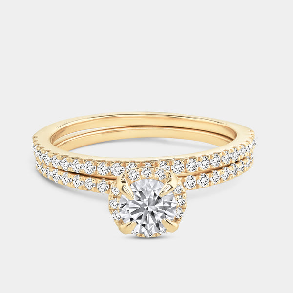 Gilded 1 Carat Lab-Grown Round-Shaped Hidden Halo Engagement Ring Set